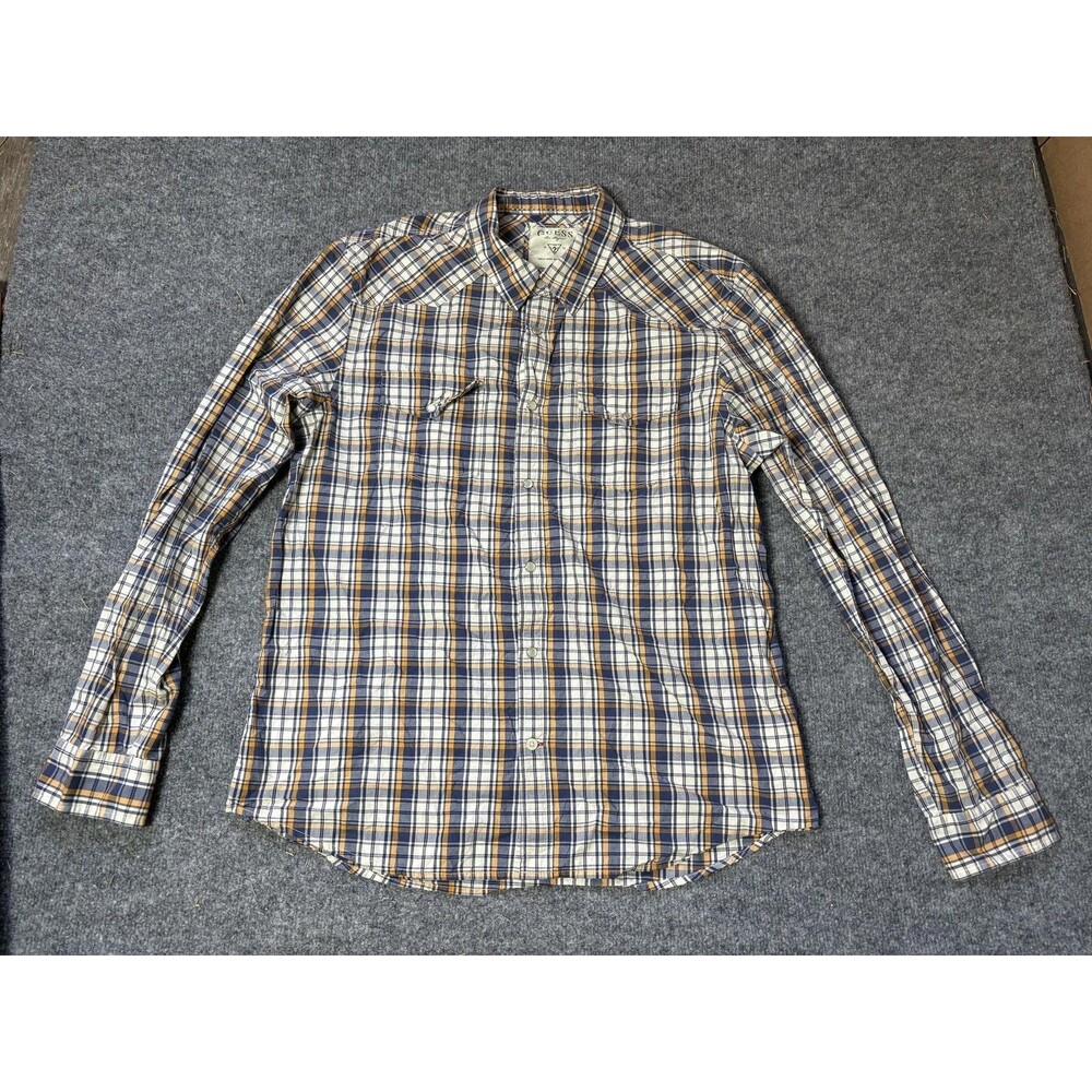 GUESS Shirt Mens XL Blue Orange Plaid Pearl Snap Western Button-Up Cotton